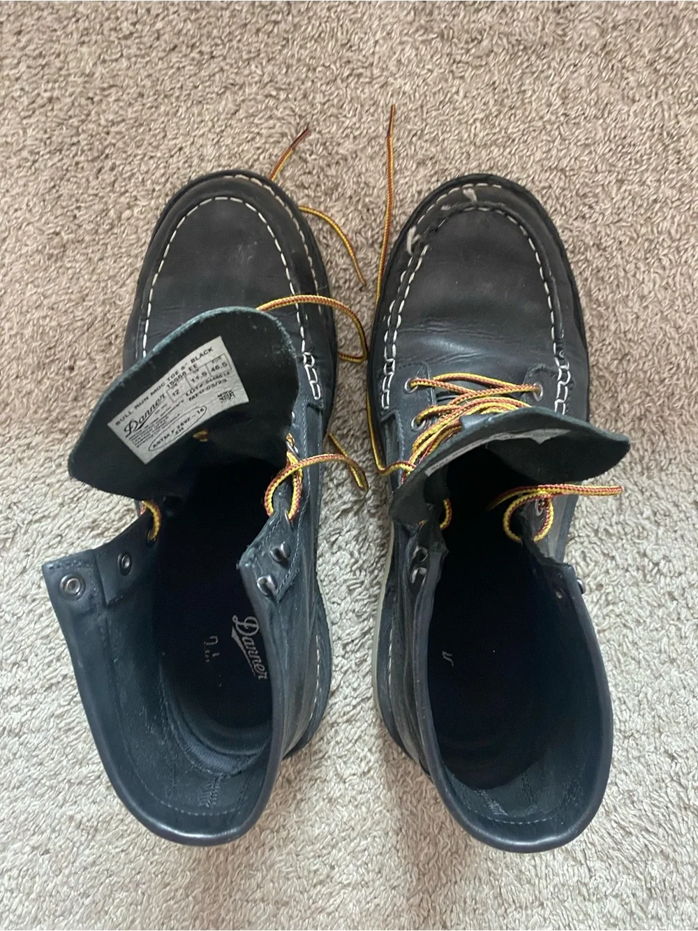 Danner Black Leather Moc Toe Boots with Yellow-Orange Laces